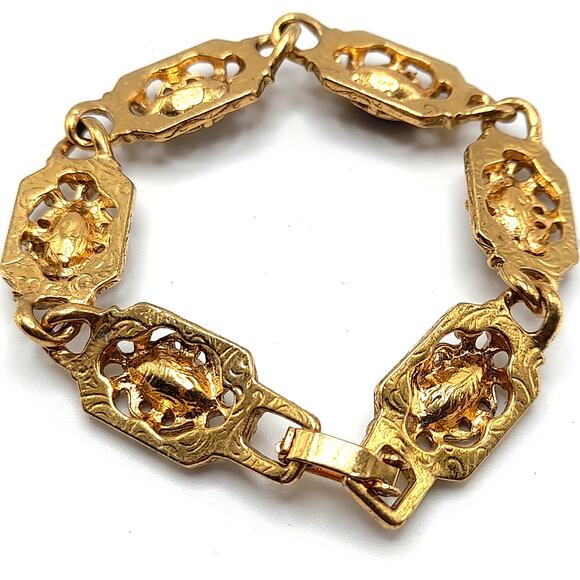 Black Clear Crystal Bracelet, Gold Tone, 1928 Style, 7 1/8 In - Picture 4 of 10